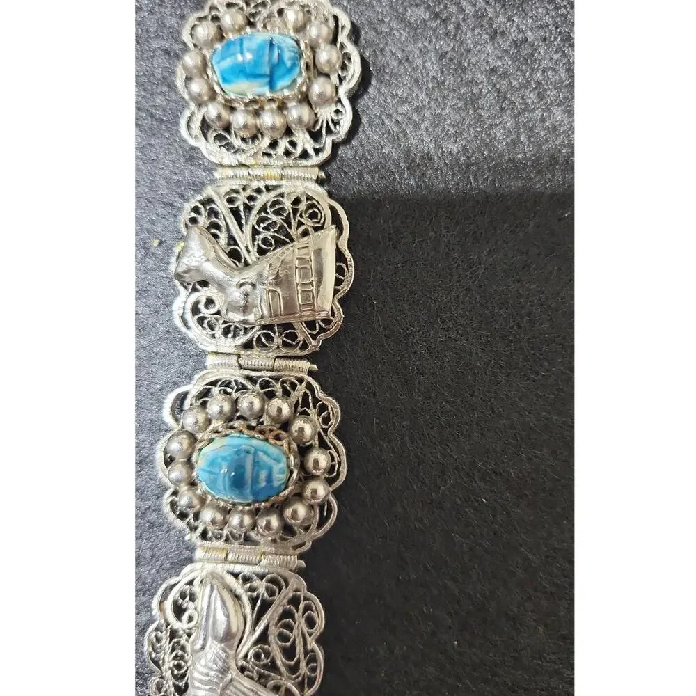 Vintage Egyption 800 Silver Faience Scarab Filagree Panel Bracelet